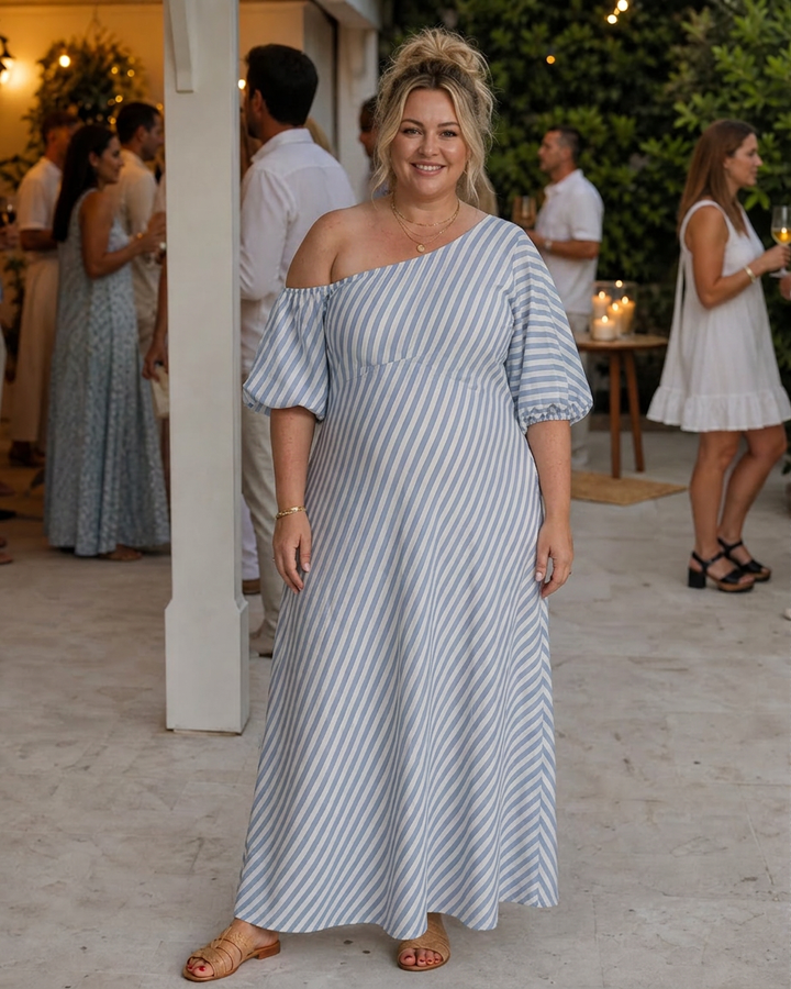 Heidi | Raidallinen Olkaimeton Midimekko Puhvihihoilla