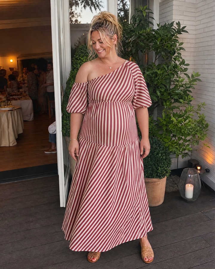 Heidi | Raidallinen Olkaimeton Midimekko Puhvihihoilla