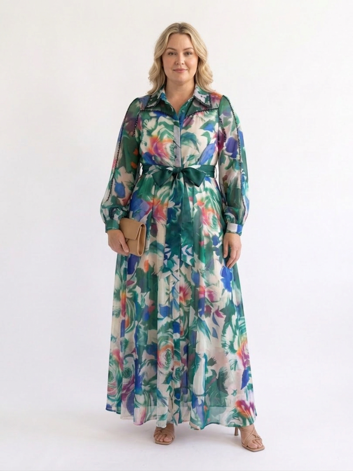 Lotta | Kauluksellinen Pitkä Mekko Solmittavalla Vyötäröllä