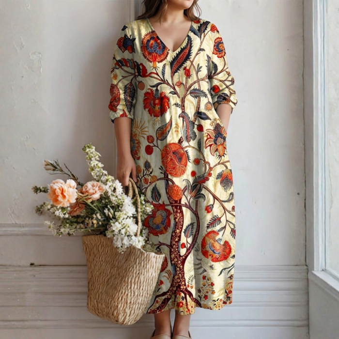 Aino | Pellavainen Boho Mekko Abstraktilla Kuosilla