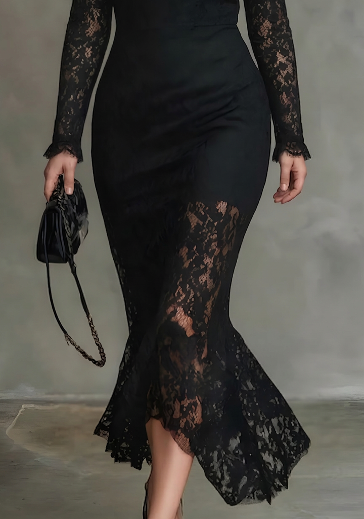 Elegantti Pitsimekko Kalahelmalla ja Pitsihihoilla