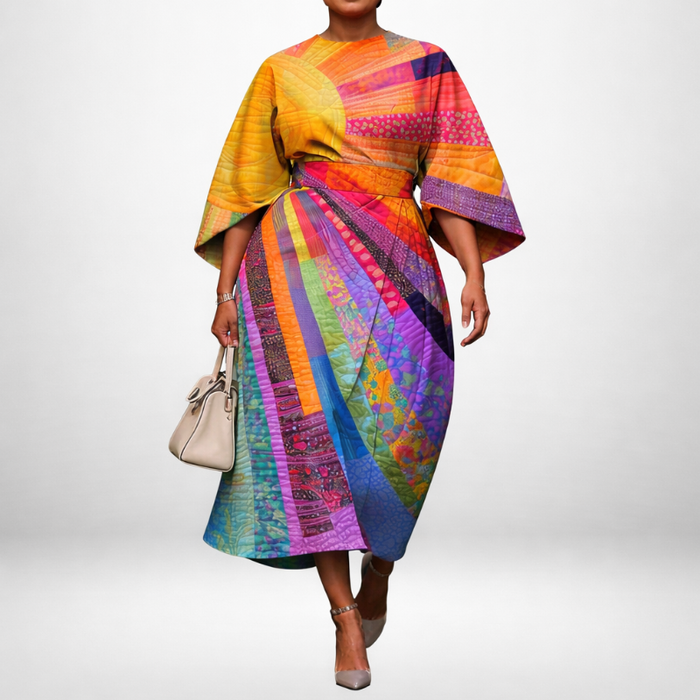 Saara | Patchwork-Midimekko muotoillulla vyötäröllä ja näyttävillä hihoilla